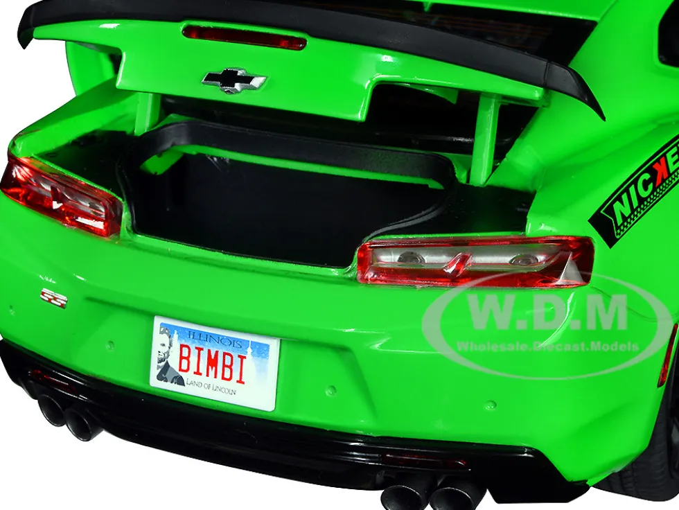 2017 Chevrolet Nickey Camaro SS 1LE Krypton Green with Matt Black Hood Black Stripes 1/18 Diecast Model Car Auto World AMM1276