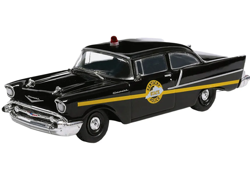 1957 Chevrolet One-Fifty Police Car "Kentucky State Police" Black with Yellow Stripes 1/64 Diecast Model Car by IXO Models
