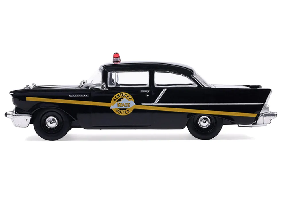 1957 Chevrolet One-Fifty Police Car "Kentucky State Police" Black with Yellow Stripes 1/64 Diecast Model Car by IXO Models
