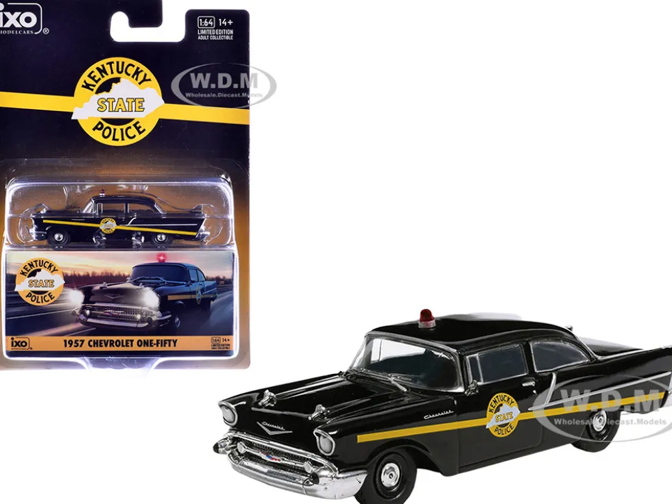 1957 Chevrolet One-Fifty Police Car "Kentucky State Police" Black with Yellow Stripes 1/64 Diecast Model Car by IXO Models