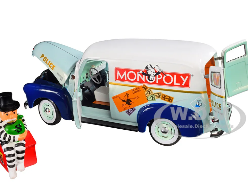 1948 Chevrolet Panel Police Van Mr. Monopoly Figurine Monopoly 1/18 Diecast Model Car Auto World AWSS129