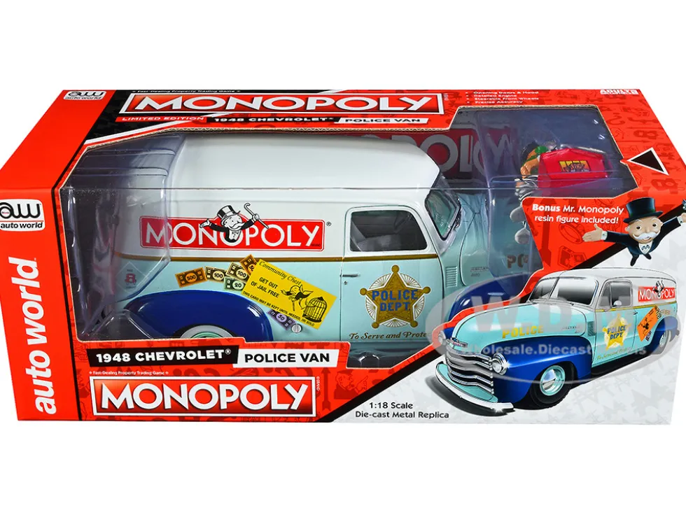 1948 Chevrolet Panel Police Van Mr. Monopoly Figurine Monopoly 1/18 Diecast Model Car Auto World AWSS129