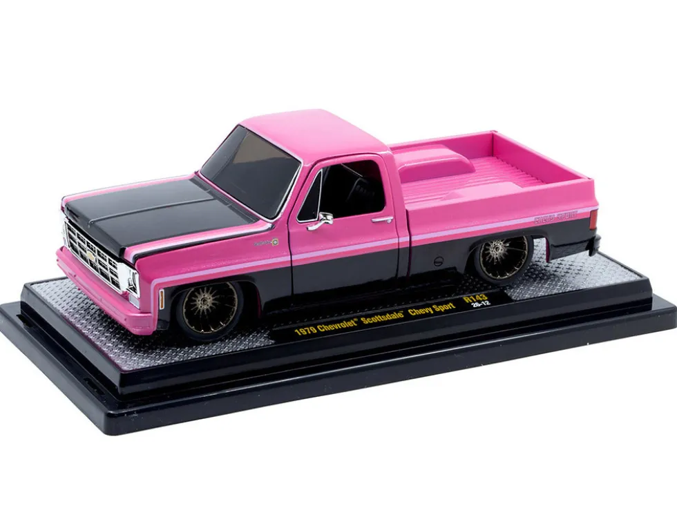 1979 Chevrolet Scottsdale Pickup Truck "Chevy Sport" Pink and Black Limited Edition to 6250 pieces Worldwide 1/24 Diecast Model Car by M2 Machines