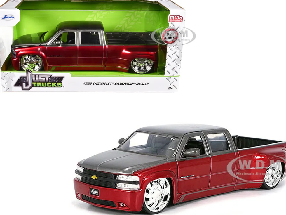 1999 Chevrolet Silverado Dually Pickup Truck Red Metallic and Gray with Custom KMC Wheels "Just Trucks" Series 1/24 Diecast Model Car by Jada