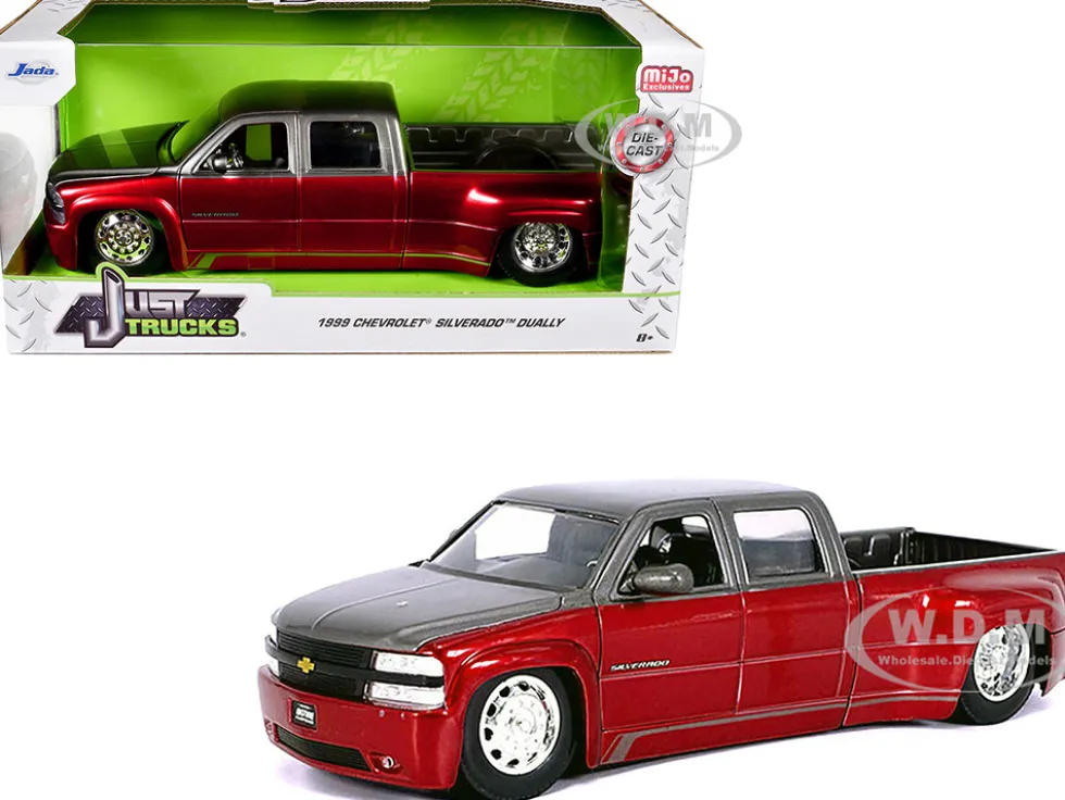 1999 Chevrolet Silverado Dually Pickup Truck Red Metallic and Gray with Stock Wheels "Just Trucks" Series 1/24 Diecast Model Car by Jada