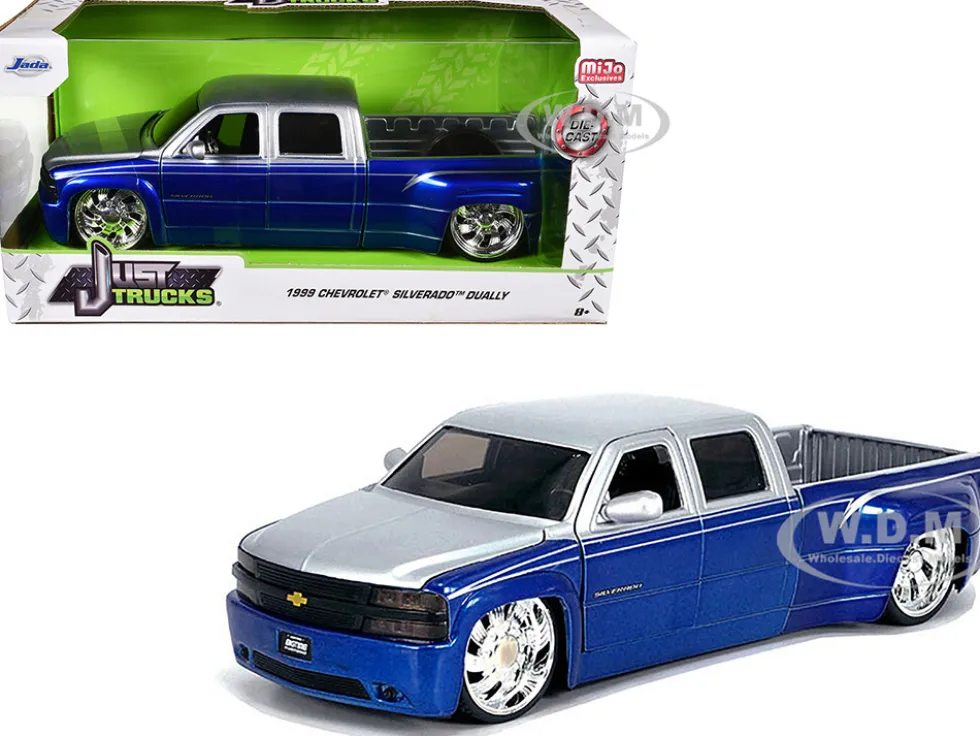 1999 Chevrolet Silverado Dually Pickup Truck Blue Metallic and Silver with Custom KMC Wheels "Just Trucks" Series 1/24 Diecast Model Car by Jada