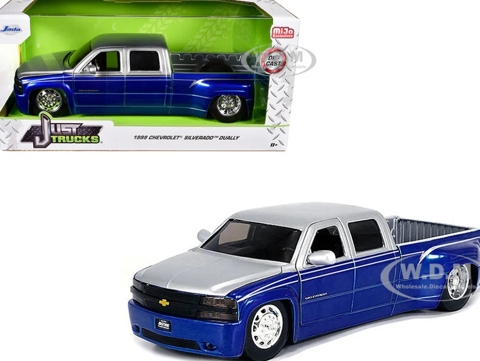 1999 Chevrolet Silverado Dually Pickup Truck Blue Metallic and Silver with Stock Wheels "Just Trucks" Series 1/24 Diecast Model Car by Jada