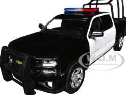 2017 Chevrolet Silverado 1500 LT Z71 Crew Cab Pickup Truck with Bed Cage Black and White with Flashing Light Bar and Front and Rear Lights and Sounds 1/27 Diecast Model Car by Motormax