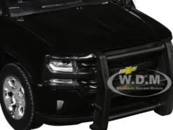 2017 Chevrolet Silverado 1500 LT Z71 Crew Cab Pickup Truck with Bed Cage Black and White with Flashing Light Bar and Front and Rear Lights and Sounds 1/27 Diecast Model Car by Motormax