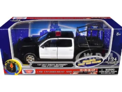 2017 Chevrolet Silverado 1500 LT Z71 Crew Cab Pickup Truck with Bed Cage Black and White with Flashing Light Bar and Front and Rear Lights and Sounds 1/27 Diecast Model Car by Motormax