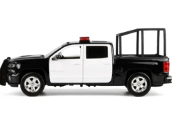2017 Chevrolet Silverado 1500 LT Z71 Crew Cab Pickup Truck with Bed Cage Black and White with Flashing Light Bar and Front and Rear Lights and Sounds 1/27 Diecast Model Car by Motormax