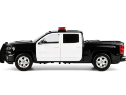 2017 Chevrolet Silverado 1500 LT Z71 Crew Cab Pickup Truck Black and White with Flashing Light Bar and Front and Rear Lights and Sounds 1/27 Diecast Model Car by Motormax