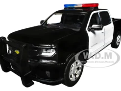 2017 Chevrolet Silverado 1500 LT Z71 Crew Cab Pickup Truck Black and White with Flashing Light Bar and Front and Rear Lights and Sounds 1/27 Diecast Model Car by Motormax