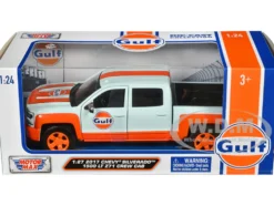 2017 Chevrolet Silverado 1500 LT Z71 Crew Cab Pickup Truck Light Blue with Orange Stripes Gulf Oil Gulf Die Cast Collection 1/27 Diecast Model Car Motormax 79666GULF