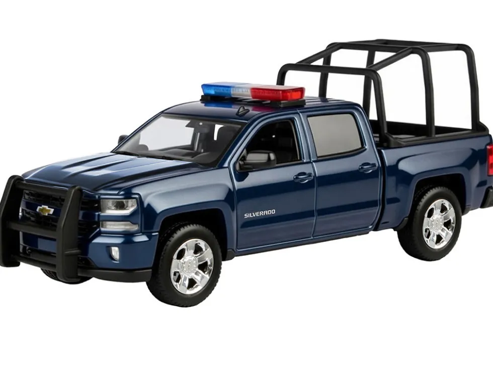 2017 Chevrolet Silverado 1500 LT Z71 Crew Cab Pickup Truck with Bed Cage Dark Blue with Flashing Light Bar and Front and Rear Lights and Sounds 1/27 Diecast Model Car by Motormax