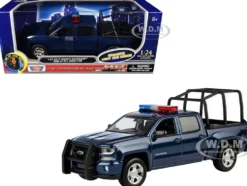 2017 Chevrolet Silverado 1500 LT Z71 Crew Cab Pickup Truck with Bed Cage Dark Blue with Flashing Light Bar and Front and Rear Lights and Sounds 1/27 Diecast Model Car by Motormax