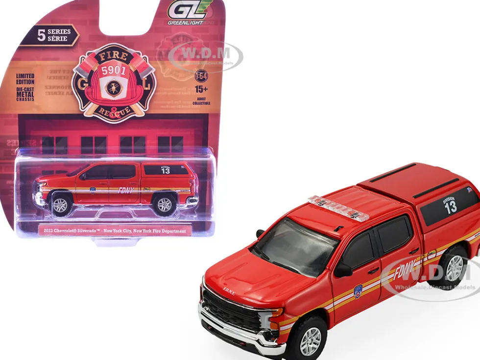 2023 Chevrolet Silverado Pickup Truck with Camper Shell "FDNY (New York City Fire Department)" Red with Stripes "Fire & Rescue" Series #5 1/64 Diecast Model Car by Greenlight