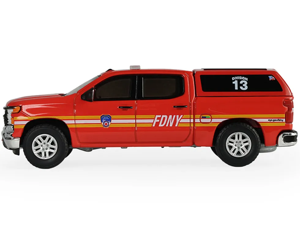 2023 Chevrolet Silverado Pickup Truck with Camper Shell "FDNY (New York City Fire Department)" Red with Stripes "Fire & Rescue" Series #5 1/64 Diecast Model Car by Greenlight