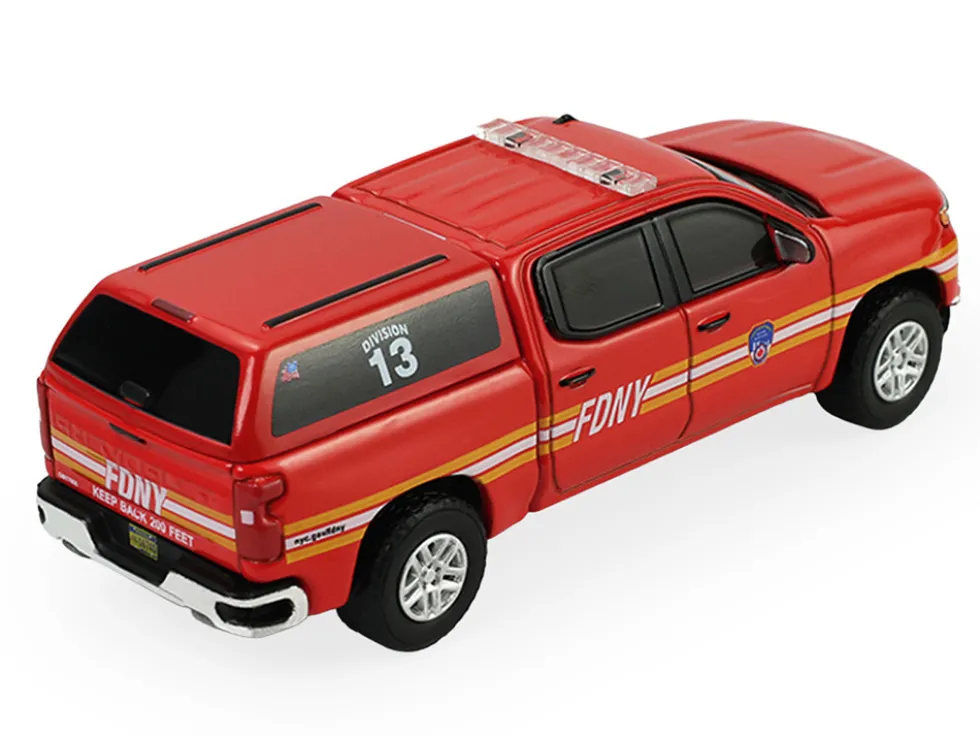 2023 Chevrolet Silverado Pickup Truck with Camper Shell "FDNY (New York City Fire Department)" Red with Stripes "Fire & Rescue" Series #5 1/64 Diecast Model Car by Greenlight