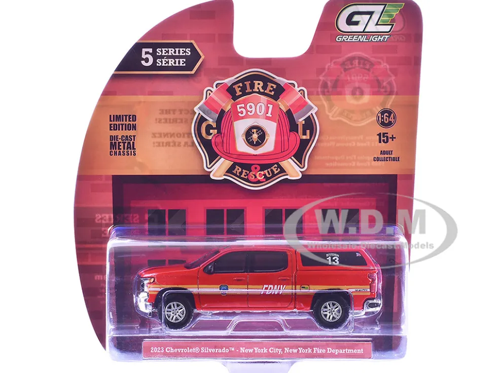 2023 Chevrolet Silverado Pickup Truck with Camper Shell "FDNY (New York City Fire Department)" Red with Stripes "Fire & Rescue" Series #5 1/64 Diecast Model Car by Greenlight