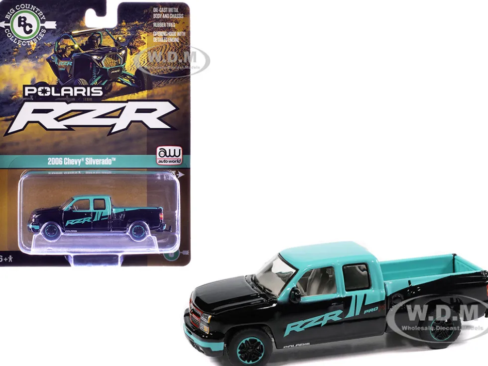 2006 Chevrolet Silverado Pickup Truck "Polaris RZR" Black and Blue "Big Country Collectibles" 2025 Series 1/64 Diecast Model Car by Auto World