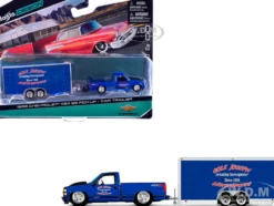 1993 Chevrolet 454 SS Pickup Truck Blue Metallic with Black Hood and Car Trailer Blue Metallic "Cole Joseph Motorsports" "Tow & Go" Series 1/64 Diecast Model Car by Maisto