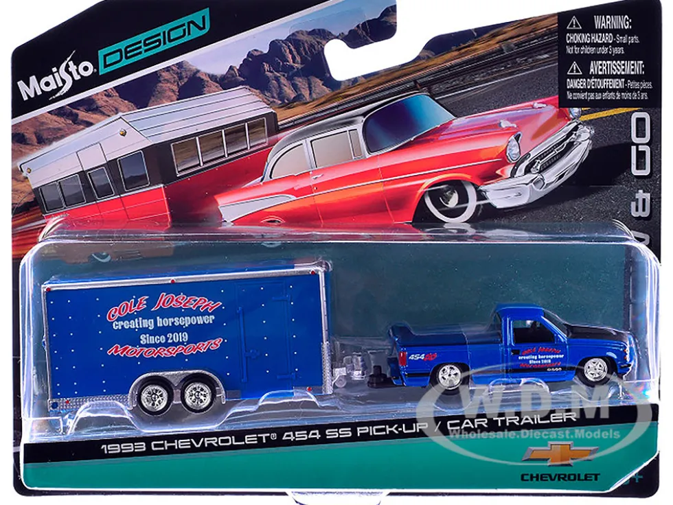 1993 Chevrolet 454 SS Pickup Truck Blue Metallic with Black Hood and Car Trailer Blue Metallic "Cole Joseph Motorsports" "Tow & Go" Series 1/64 Diecast Model Car by Maisto
