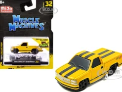 1993 Chevrolet 454 SS Pickup Truck Yellow with Black Stripes 1/64 Diecast Model Car by Muscle Machines