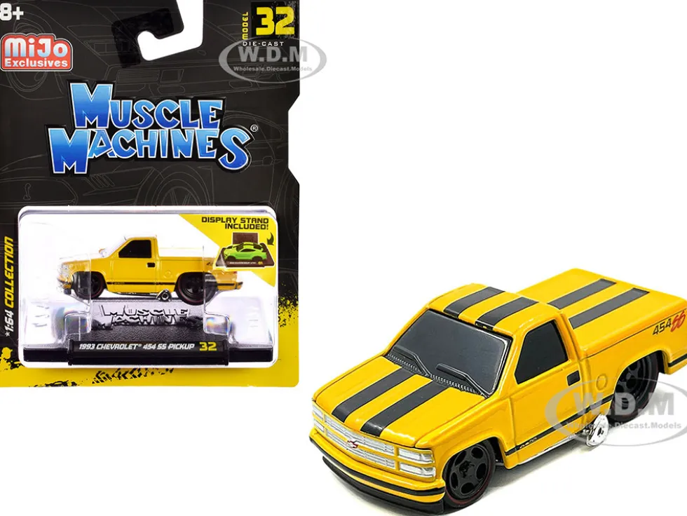 1993 Chevrolet 454 SS Pickup Truck Yellow with Black Stripes 1/64 Diecast Model Car by Muscle Machines