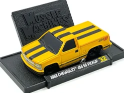 1993 Chevrolet 454 SS Pickup Truck Yellow with Black Stripes 1/64 Diecast Model Car by Muscle Machines