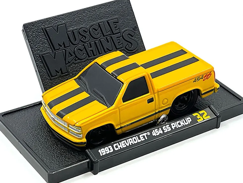 1993 Chevrolet 454 SS Pickup Truck Yellow with Black Stripes 1/64 Diecast Model Car by Muscle Machines