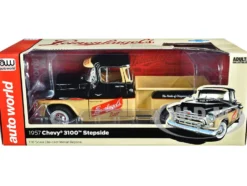 1957 Chevrolet 3100 Stepside Pickup Truck Black and Tan with Graphics Leinenkugle's Beer The Pride of Chippewa Falls 1/18 Diecast Model Auto World AW311