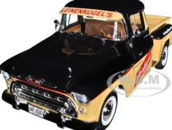 1957 Chevrolet 3100 Stepside Pickup Truck Black and Tan with Graphics Leinenkugle's Beer The Pride of Chippewa Falls 1/18 Diecast Model Auto World AW311