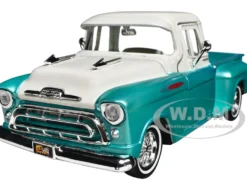 1957 Chevrolet 3100 Stepside Pickup Truck Lowrider Turquoise Metallic and White with White Interior Get Low Series 1/24 Diecast Model Car Motormax 79032tur