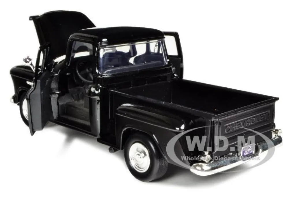 1955 Chevrolet 5100 Stepside Pickup Truck Black 1/24 Diecast Car Model Motormax 73236
