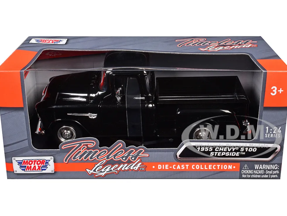1955 Chevrolet 5100 Stepside Pickup Truck Black 1/24 Diecast Car Model Motormax 73236