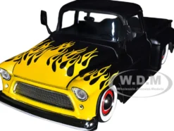 1955 Chevrolet Stepside Pickup Truck Matt Black Yellow Flames Just Trucks Series 1/24 Diecast Model Car Jada 34294