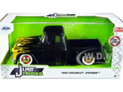 1955 Chevrolet Stepside Pickup Truck Matt Black Yellow Flames Just Trucks Series 1/24 Diecast Model Car Jada 34294