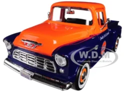 1955 Chevrolet 5100 Stepside Pickup Truck Gulf Dark Blue Orange 1/24 Diecast Model Car Motormax 79651