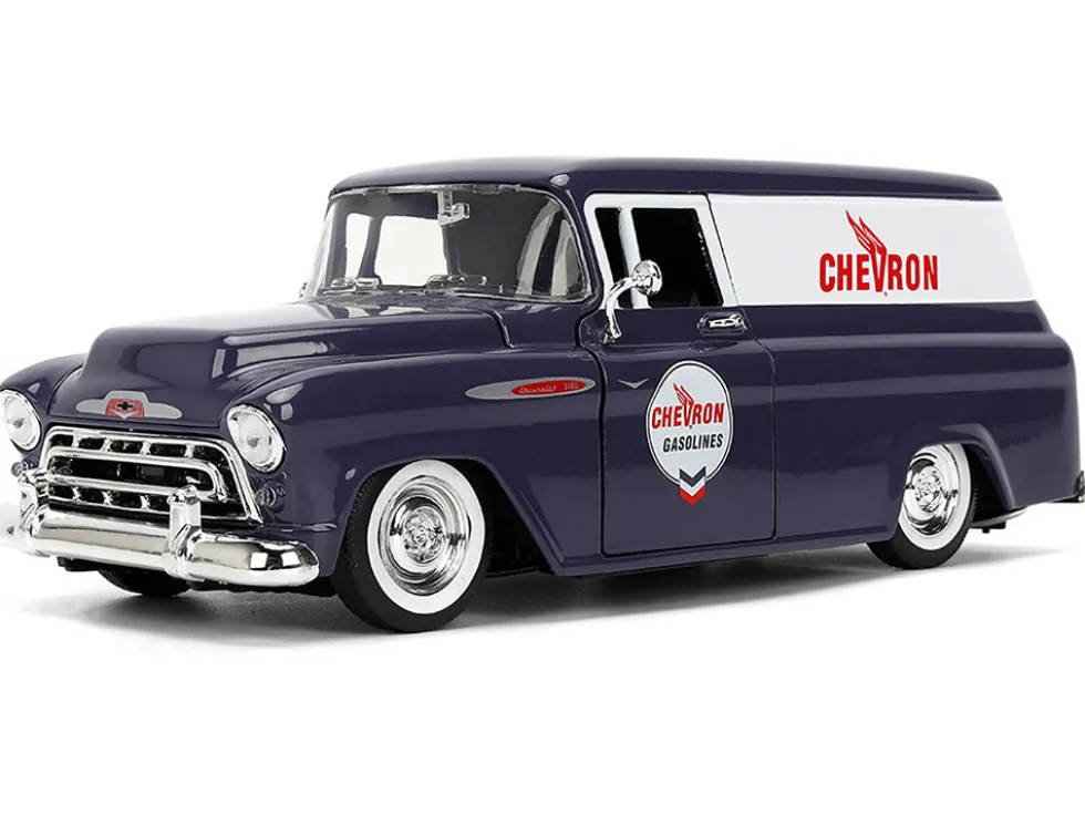 1957 Chevrolet Suburban "Chevron" Dark Blue with White Stripes and Chevron Gas Pump "Just Trucks" Series 1/24 Diecast Model Car by Jada