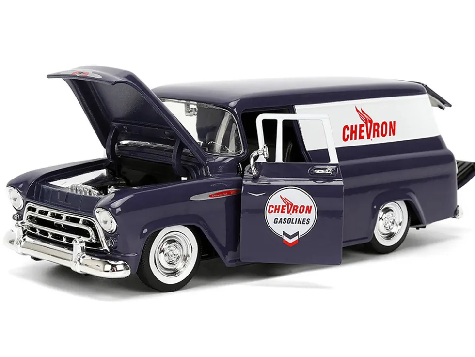 1957 Chevrolet Suburban "Chevron" Dark Blue with White Stripes and Chevron Gas Pump "Just Trucks" Series 1/24 Diecast Model Car by Jada