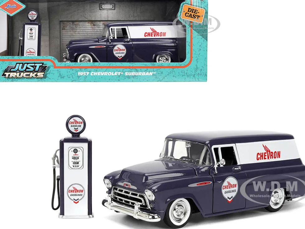 1957 Chevrolet Suburban "Chevron" Dark Blue with White Stripes and Chevron Gas Pump "Just Trucks" Series 1/24 Diecast Model Car by Jada