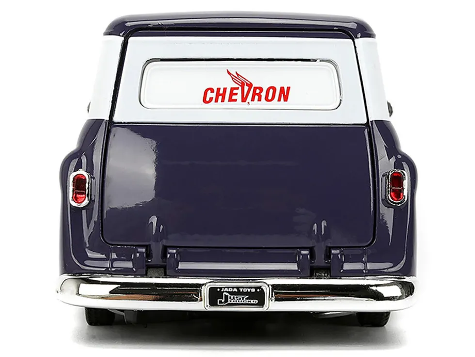 1957 Chevrolet Suburban "Chevron" Dark Blue with White Stripes and Chevron Gas Pump "Just Trucks" Series 1/24 Diecast Model Car by Jada