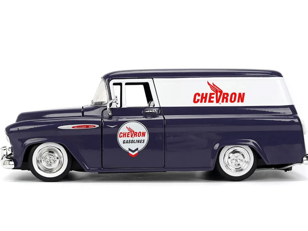 1957 Chevrolet Suburban "Chevron" Dark Blue with White Stripes and Chevron Gas Pump "Just Trucks" Series 1/24 Diecast Model Car by Jada
