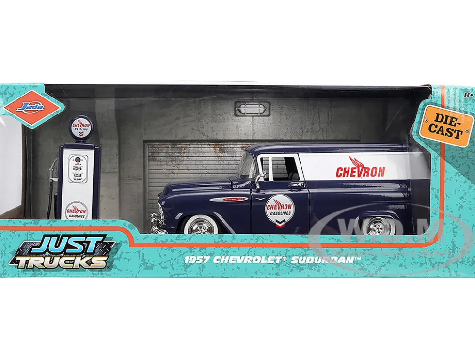 1957 Chevrolet Suburban "Chevron" Dark Blue with White Stripes and Chevron Gas Pump "Just Trucks" Series 1/24 Diecast Model Car by Jada
