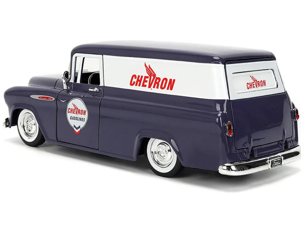 1957 Chevrolet Suburban "Chevron" Dark Blue with White Stripes and Chevron Gas Pump "Just Trucks" Series 1/24 Diecast Model Car by Jada