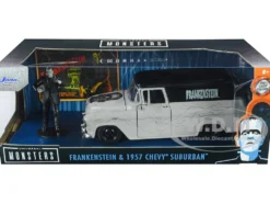 1957 Chevrolet Suburban Gray Black Graphics Frankenstein Diecast Figurine Universal Monsters Hollywood Rides Series 1/24 Diecast Model Car Jada 32191