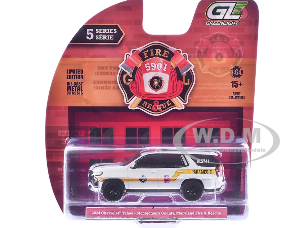 2024 Chevrolet Tahoe "Montgomery County, Maryland Fire & Rescue Bethesda-Chevy Chase Rescue Squad" White with Yellow Stripes "Fire & Rescue" Series #5 1/64 Diecast Model Car by Greenlight