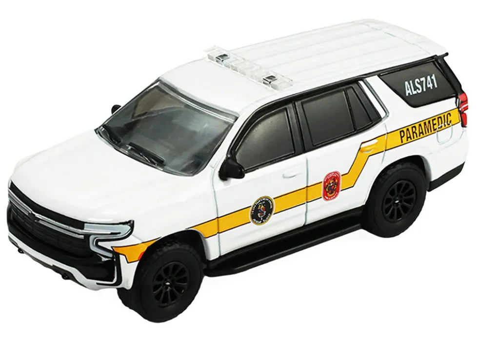 2024 Chevrolet Tahoe "Montgomery County, Maryland Fire & Rescue Bethesda-Chevy Chase Rescue Squad" White with Yellow Stripes "Fire & Rescue" Series #5 1/64 Diecast Model Car by Greenlight