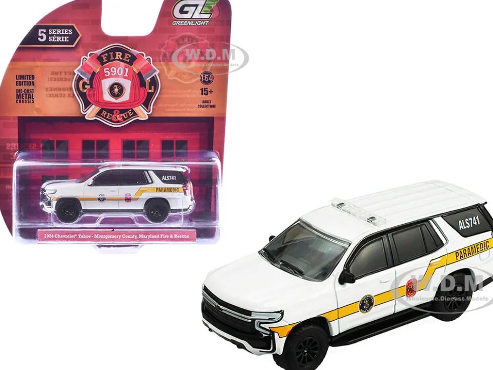2024 Chevrolet Tahoe "Montgomery County, Maryland Fire & Rescue Bethesda-Chevy Chase Rescue Squad" White with Yellow Stripes "Fire & Rescue" Series #5 1/64 Diecast Model Car by Greenlight